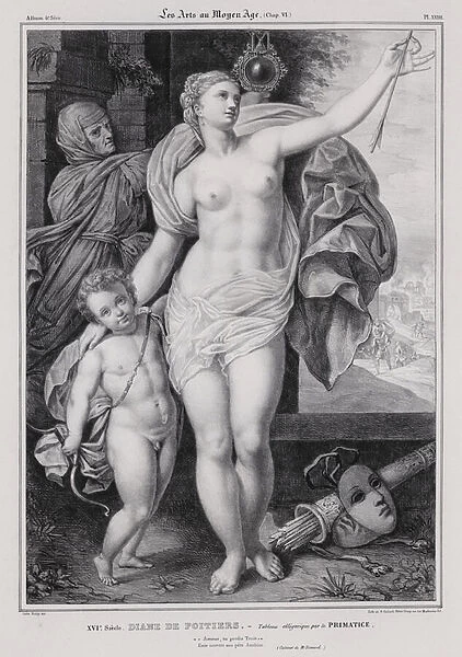 Allegorical painting of Diane de Poitiers, mistress of King Henry II of France (litho)