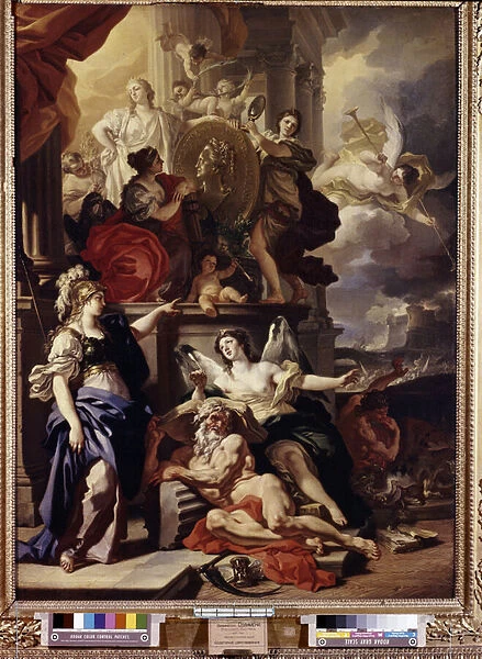 Allegorie du regne (Allegory of the reign). Le medaillon au centre represente le visage de la reine Catherine II de Russie (1729-1796). Peinture de Francesco Solimena (1657-1747). Huile sur toile, 104 x 76 cm, 1690