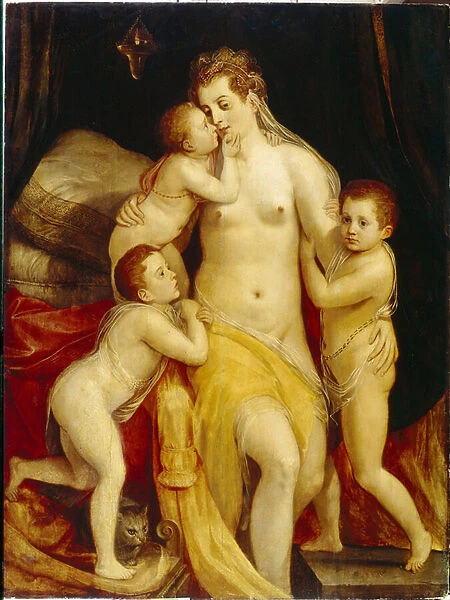 Allegorie de la charite (Allegory of Charity). Trois enfants aux expressions pleines de compassion, se rapprochent tendrement de leur mere au visage triste pour la consoler. Peinture de Frans Floris l aine (1519-1570), huile sur bois