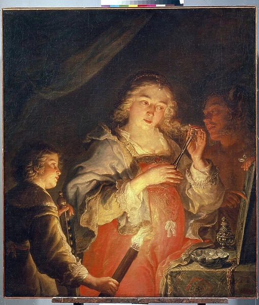 Allegorie de la vanite (Allegory of Vanity). Une jeune femme aux cheveux blonds se coupe une meche de cheveux avec une paire de ciseaux devant miroir tenu par un homme, un enfant l eclaire avec un flambeau