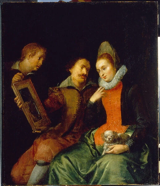 Allegorie de la vue. Une jeune femme portant un petit chien se regarde dans un miroir tenu par un homme et un adolescent qui la regardent avec intensite. Peinture de Marten Pepyn (Pepin) (1575-1643), huile sur toile, debut 17e siecle, art flamand