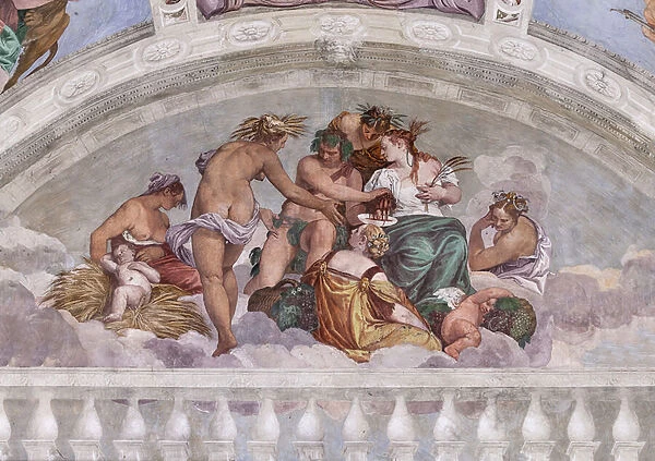 Allegories of Summer and Autumn (Bacchus and Ceres), Northern Wall, lunette above the Door to the Garden, Hall of Olympus, 1560-1561 (fresco)