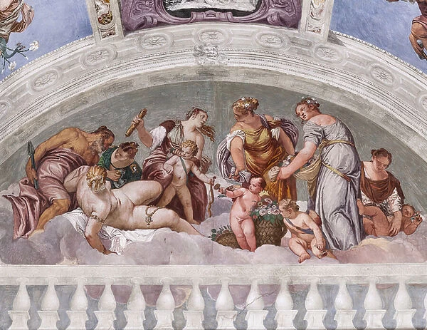 Allegories of Winter and Spring (Vulcan and Venus), Southern Wall, lunette above the Door to the Crociera Room, Hall of Olympus, 1560-1561 (fresco)