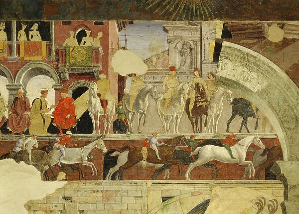 Allegory of April: a performance at the Borso d Este square, detail of horses