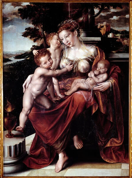 Allegory of Charity (Woman feeding several babies) Painting by Jan Metsys (or Massys
