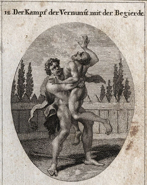Allegory of the fight of reason and appetite. The earthly and carnal appetite is depicted by Ante and Hercules (Heracles) symbolizes reason, strength and courage that takes away and stifles Ante