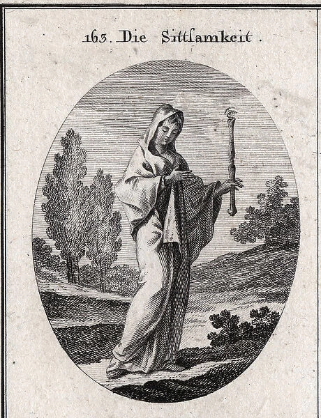 Allegory of modesty. She holds a sceptre above which is an eye that means that modesty