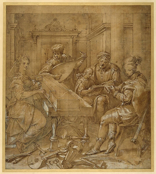 An allegory of music: Fame at the virginals; two young lutenists seated