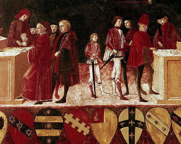 Allegory of state finances in wartime and peacetime. Detail. 15th century (Wood painting)