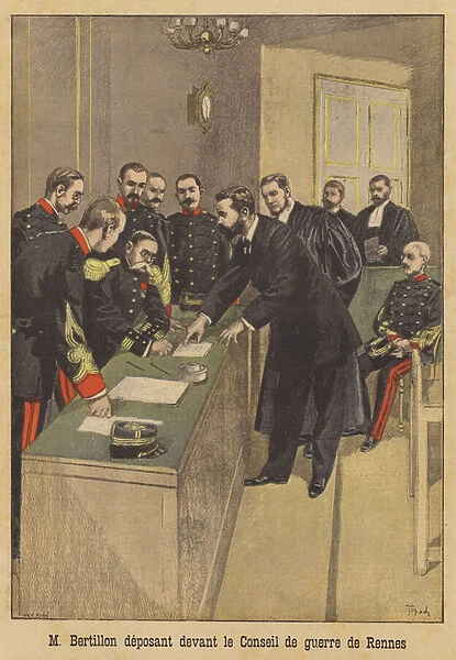 Alphonse Bertillon testifying before the second court martial of Alfred Dreyfus in Rennes (colour litho)