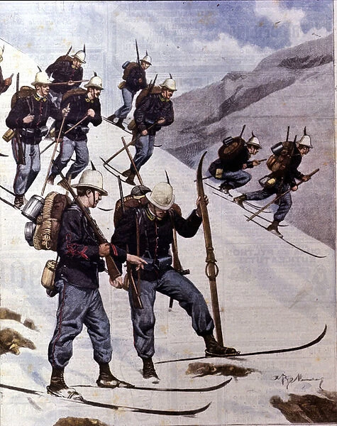 Alpine hunters skiing in Moncenisio in Piedmont, 1903. Illustration by Beltrame