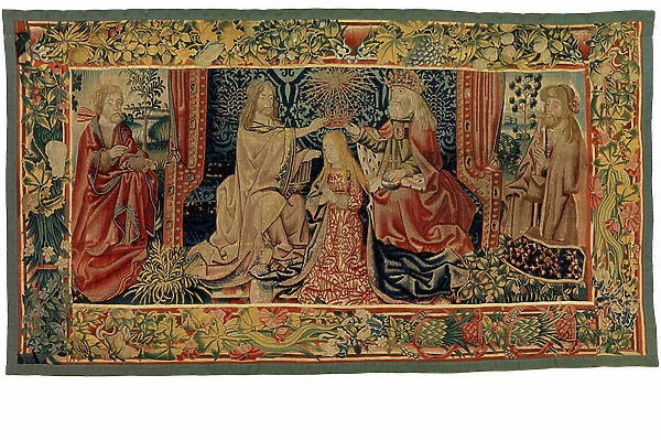Altar frontal tapestry depicting the Coronation of the Virgin, between two saints, made in Flanders or Lower Rhineland, 16th century (wool & silk)