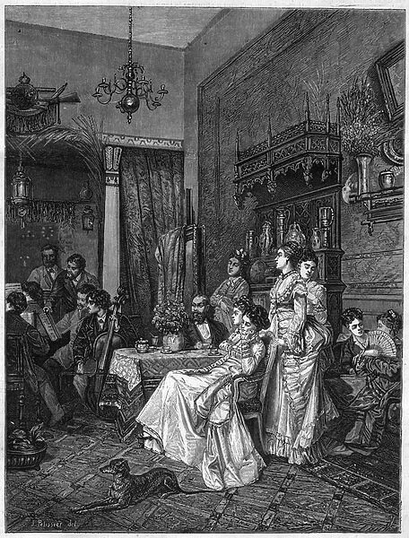 Amateur concert in an artists studio. Engraving after the painting by Adrien Moreau