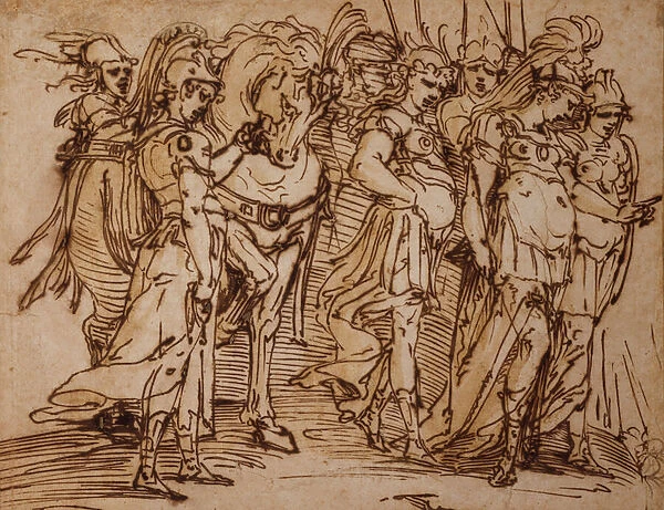 Amazons with a Horse in Procession to the Right (pen and ink)