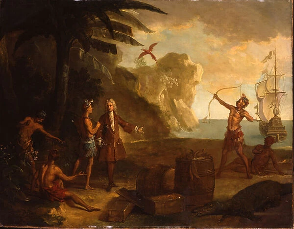 America - A European merchant negotiating with Native Americans for a barrel of tobacco