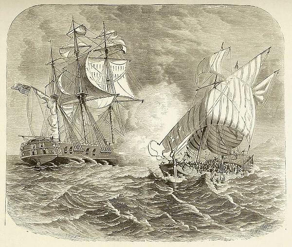 An American Navy ship captures an Algerian pirate ship off the Barbary Coast during the First Barbary War (litho)