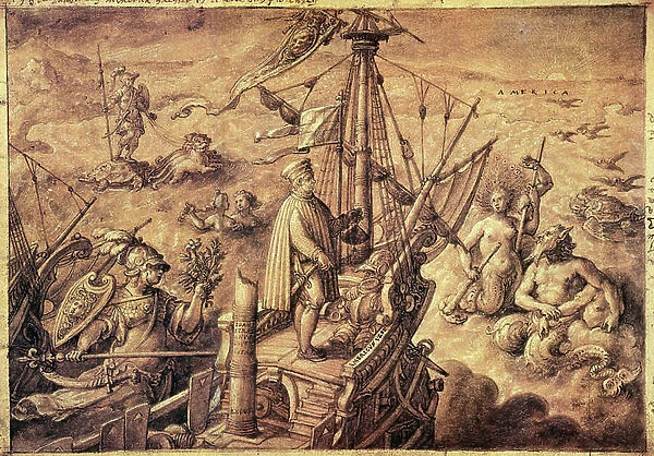 Amerigo Vespucci on a journey to America. Drawing by Giovanni Stradano (Jan Van Der Straet) (Johannes Stradanus) (1523-1605) from the 16th century