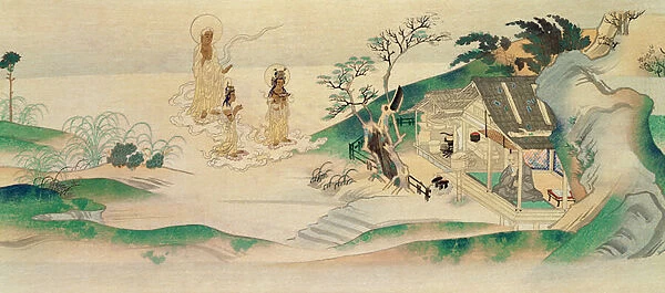 Amitayus Buddha and two Bodhisattvas visiting the monk Honen (b