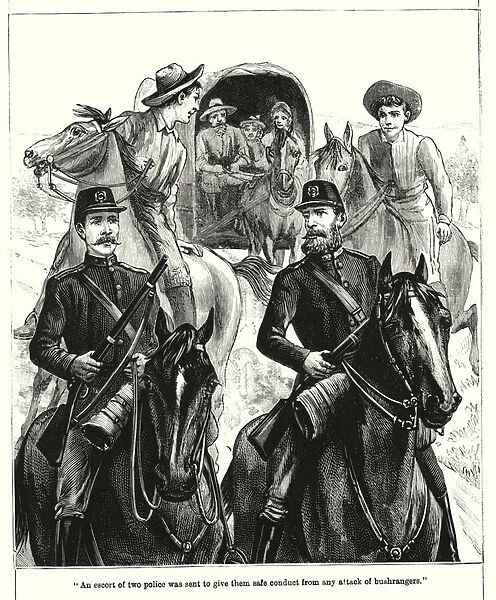 'An escort of two police was sent to give them safe conduct from any attack of bushrangers'(engraving)