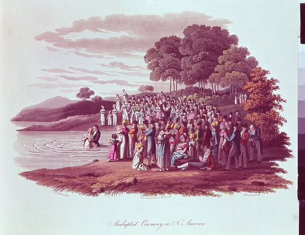 Anabaptist ceremony in North America, engraved by M. Dubourg, 1819 (colour litho)