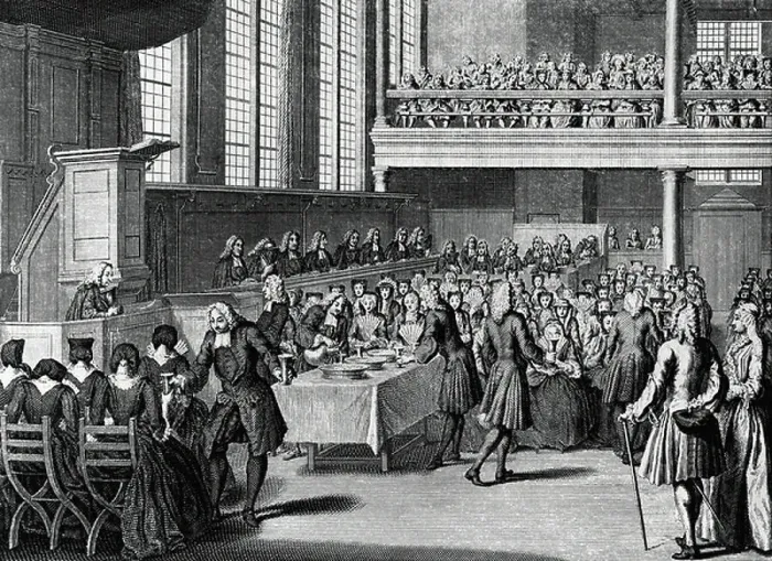 Framed Print : Anabaptists dinner, engraving by Jacobus van der Schley (1715-1779) from Religious Ceremonies and Customs of All Peoples of World, 1736
