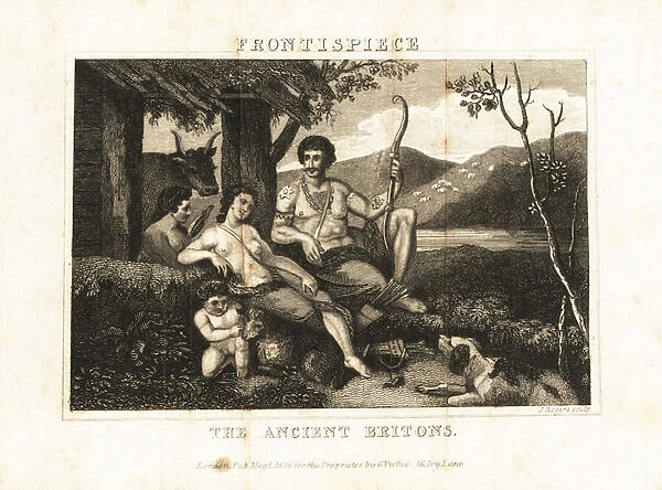 Ancient Britons lounging in a hut. 1836 (engraving)