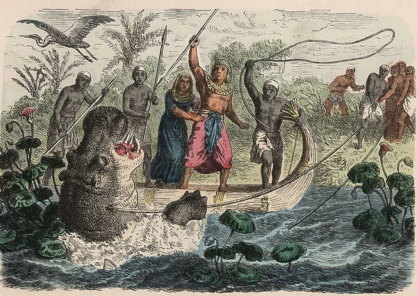 Ancient Egypt: Pharaoh hunting Hippopotamus, 1866 (coloured engraving)