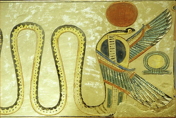 Ancient Egypt, Wall painting, Tomb of Amon hir Khopshef, Uraeus and winged serpents guard the burial chamber entrance, 20th dynasty, Valley of the Queens (photo)