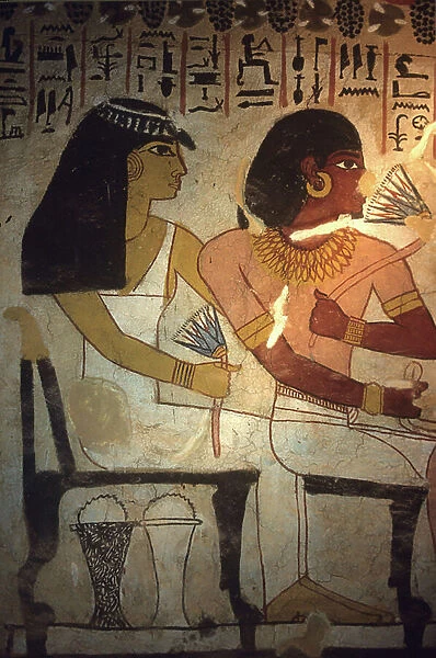Ancient Egypt, Wall Painting, Tomb of Sennufer, Thebes, Sennufer and his sister Merit hold lotus flowers, Sennufer, Mayor of Thebes and overseer under Pharaoh Amenophis II, 18th Dynasty, New Kingdom, Luxo (photo)