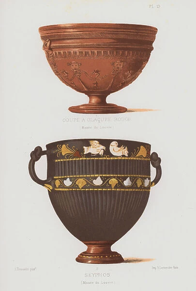 Ancient Greek red-glazed cup and skyphos (colour litho)