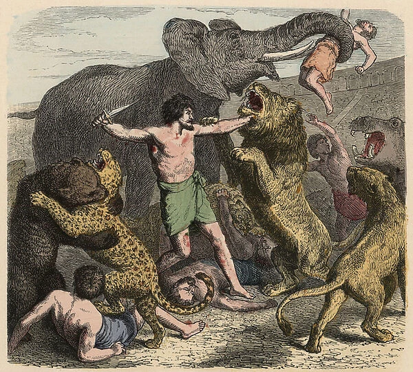 Ancient Rome: Criminals being attacked by wild animals, 1866 (coloured engraving)