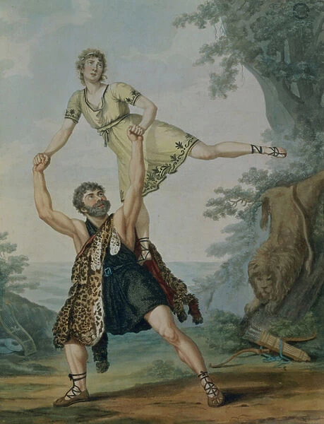Andre Jean-Jacques Deshayes and James Harvey d Egville in the Ballet-Pantomime Hercules and Deianeira, pub. 1804 (colour litho)