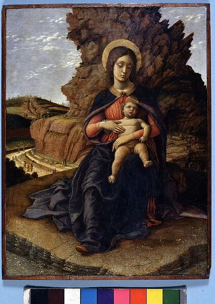 Andrea Mantegna, The 'Virgin of Quarries': Virgin and Child and on the background stone quarries with workers at work, Uffizi Gallery, Florence