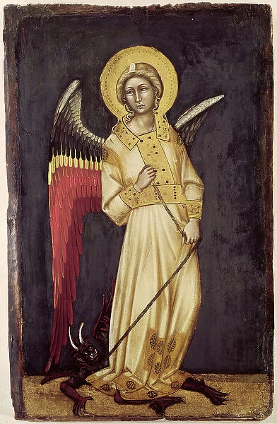 An Angel with a Demon on a Chain (tempera on panel)