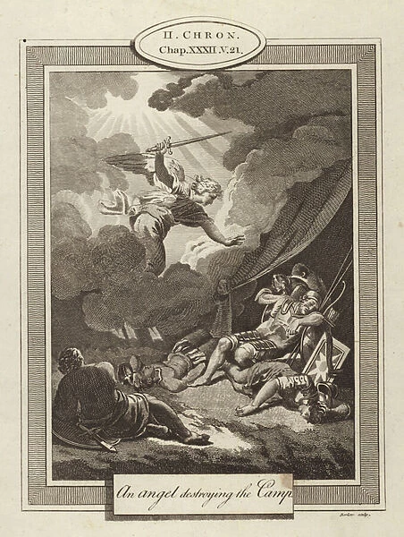 An angel destroying the Camp, II Chronicles, Chapter XXXII, Verse 21 (engraving)