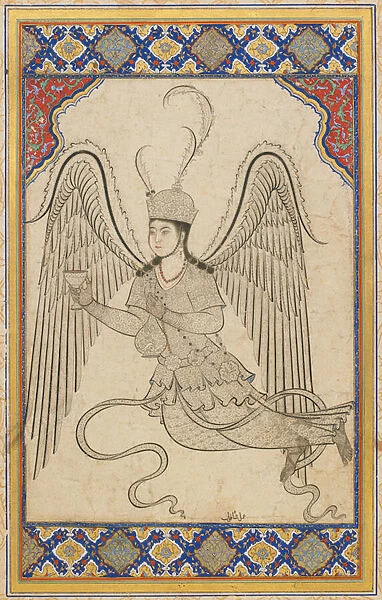 Angel, flying, with cup and wine flask (Ink, color wash and gold on paper)