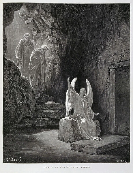 The angel at the grave of Jesus, Illustration from the Dore Bible, 1866