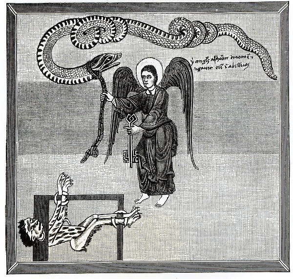 The Angel, holding the Keys of Hell, enchains the Devil, in the shape of a Dragon