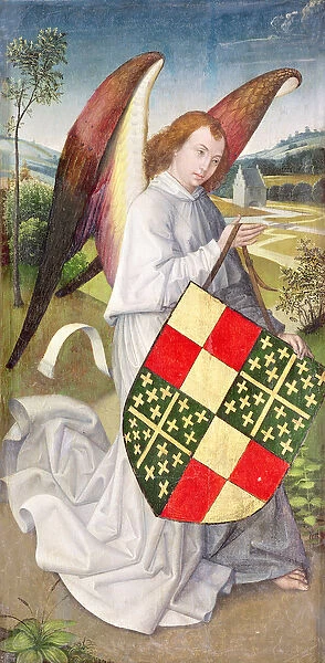 Angel holding a shield emblazoned with the heraldic arms of the de Chaugy and Montagu arms