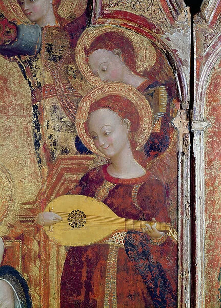 Detail of angel musicians from a painting of the Virgin and Child surrounded by six angels