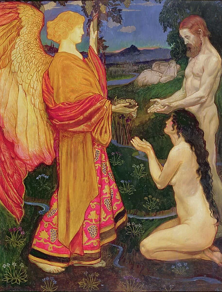 The Angel offering the fruits of the Garden of Eden to Adam and Eve (oil on canvas)