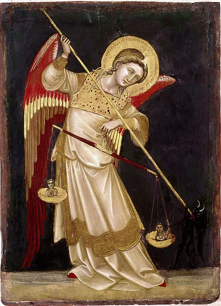 Angel weighing a soul on a scale Wood painting by Guariento di Arpo (1338-1370