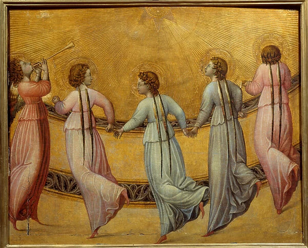 Angels dancing in front of the sun. Round of angels on gold background holding hands. Anonymous painting of the Italian School, 15th century. Chantilly, Musee Conde - Angels dancing in front of the sun