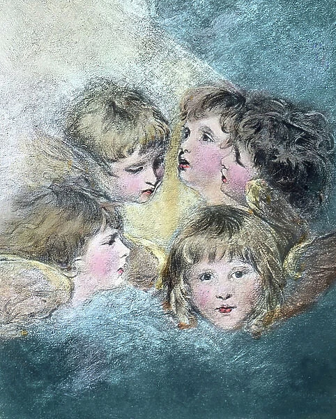 Angel's Heads - A Child's Portrait study in different views. Oil painting by English painter Sir Joshua Reynolds (1723 - 1792) in 1786 / 1787. Image date: circa 1910. Carl Simon Archive