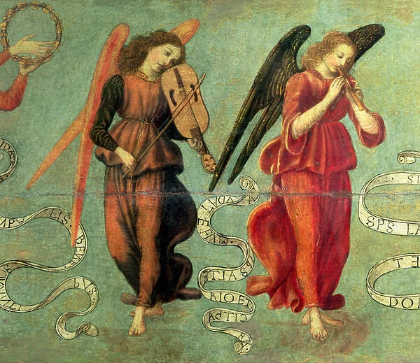 Angels playing the fiddle and pipe, c. 1475-97 (tempera on panel) (detail of 64871
