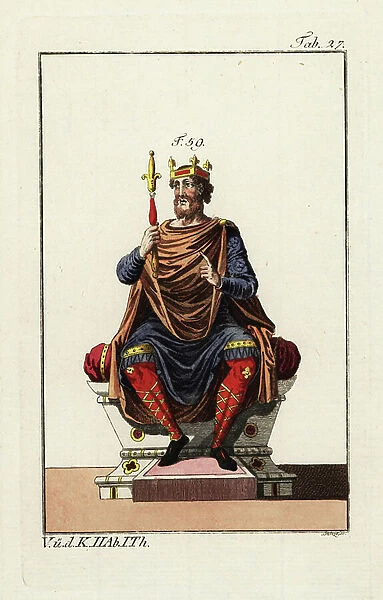 Anglo Saxon king on his throne, 9th century. 1796 (engraving)