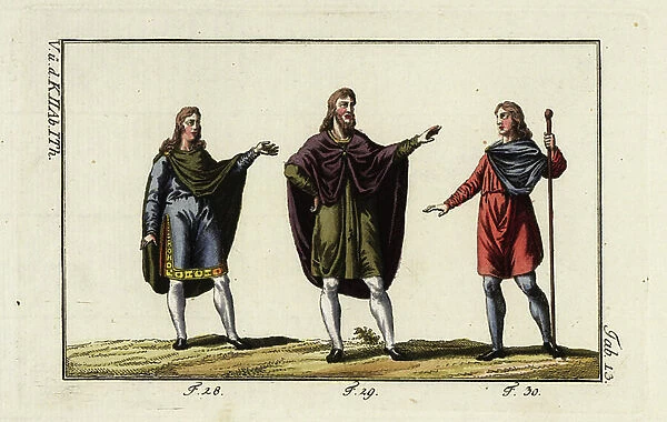 Anglo Saxon men wearing mantles over tunic and stockings. 1796 (engraving)