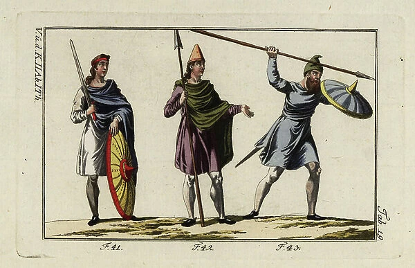 Anglo Saxon military officer, cavalier and foot soldier. 1796 (engraving)