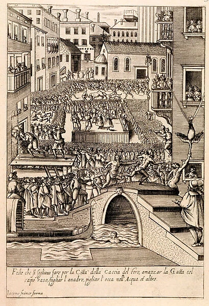 Animal Baiting at the Venetian Festival of the Hunt, illustration from the series Habiti d Huomini e Donne Venetiane, published c. 1610 (engraving)