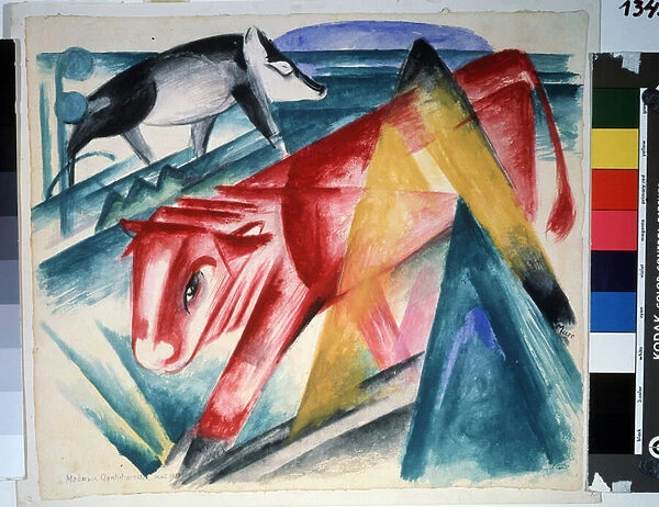 'Animaux'(Animals) Vache et sanglier. Aquarelle de Franz Marc (1880-1916) (expressionnisme) 1913. Dim. 39x45 cm Musee Pouchkine, Moscou